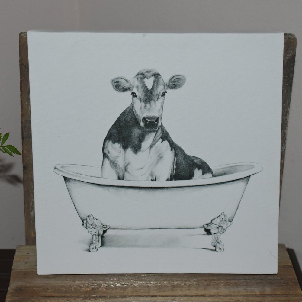 Rustic Country Cottage Farmhouse Cow In Bath Tub Canvas Art Wall Decor